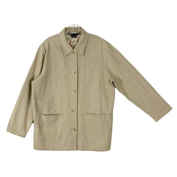 LAURA ASHLEY Jacket Blazer 10 Oversized Barn Linen Beige Button-Up Long-Sleeve